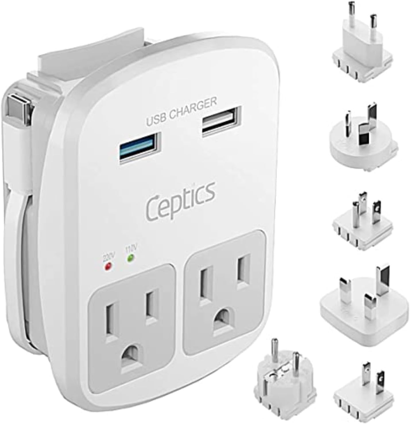 Ceptics Universal Travel Adapter Kit – 2 USA sockets, 2 USB-A (1x QC 3.0) and USB-C cable, Surge Protected, Plugs for EU, UK, China, AU, Japan - Use with Laptop, Phones, Cameras - ETL Tested