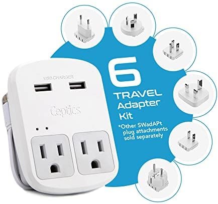 Ceptics Universal Travel Adapter Kit – 2 USA sockets, 2 USB-A (1x QC 3.0) and USB-C cable, Surge Protected, Plugs for EU, UK, China, AU, Japan - Use with Laptop, Phones, Cameras - ETL Tested - Image 2