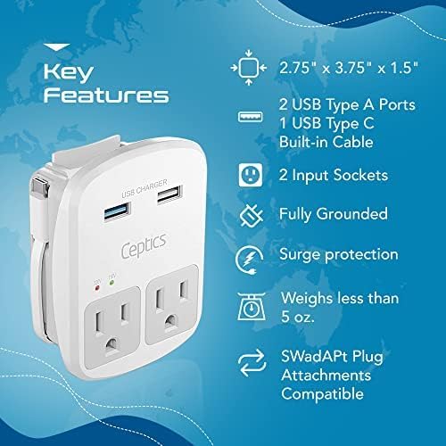 Ceptics Universal Travel Adapter Kit – 2 USA sockets, 2 USB-A (1x QC 3.0) and USB-C cable, Surge Protected, Plugs for EU, UK, China, AU, Japan - Use with Laptop, Phones, Cameras - ETL Tested - Image 4