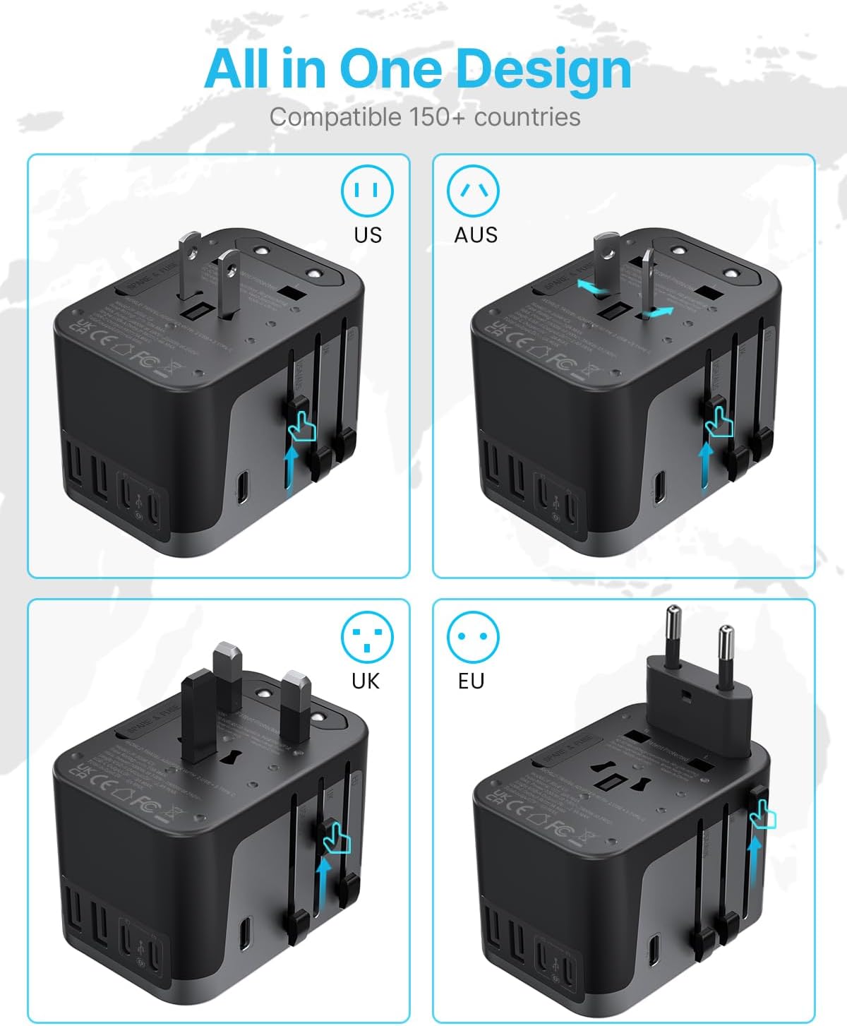 Universal Travel Adapter, VINTAR International Power Adapter with 6A 3 USB C and 2 USB Ports, All in One Travel Essentials Plug Adapter, Worldwide Outlet Converter for Europe UK USA AUS(Type C/G/A/I) - Image 2