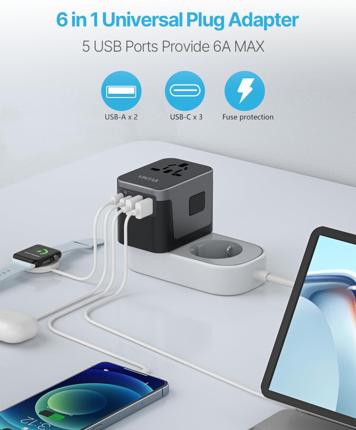 Universal Travel Adapter, VINTAR International Power Adapter with 6A 3 USB C and 2 USB Ports, All in One Travel Essentials Plug Adapter, Worldwide Outlet Converter for Europe UK USA AUS(Type C/G/A/I) - Image 4