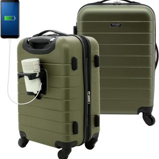 Smart Luggage Set with Cup Holder and USB Port, Olive Green, 20-Inch Carry-On