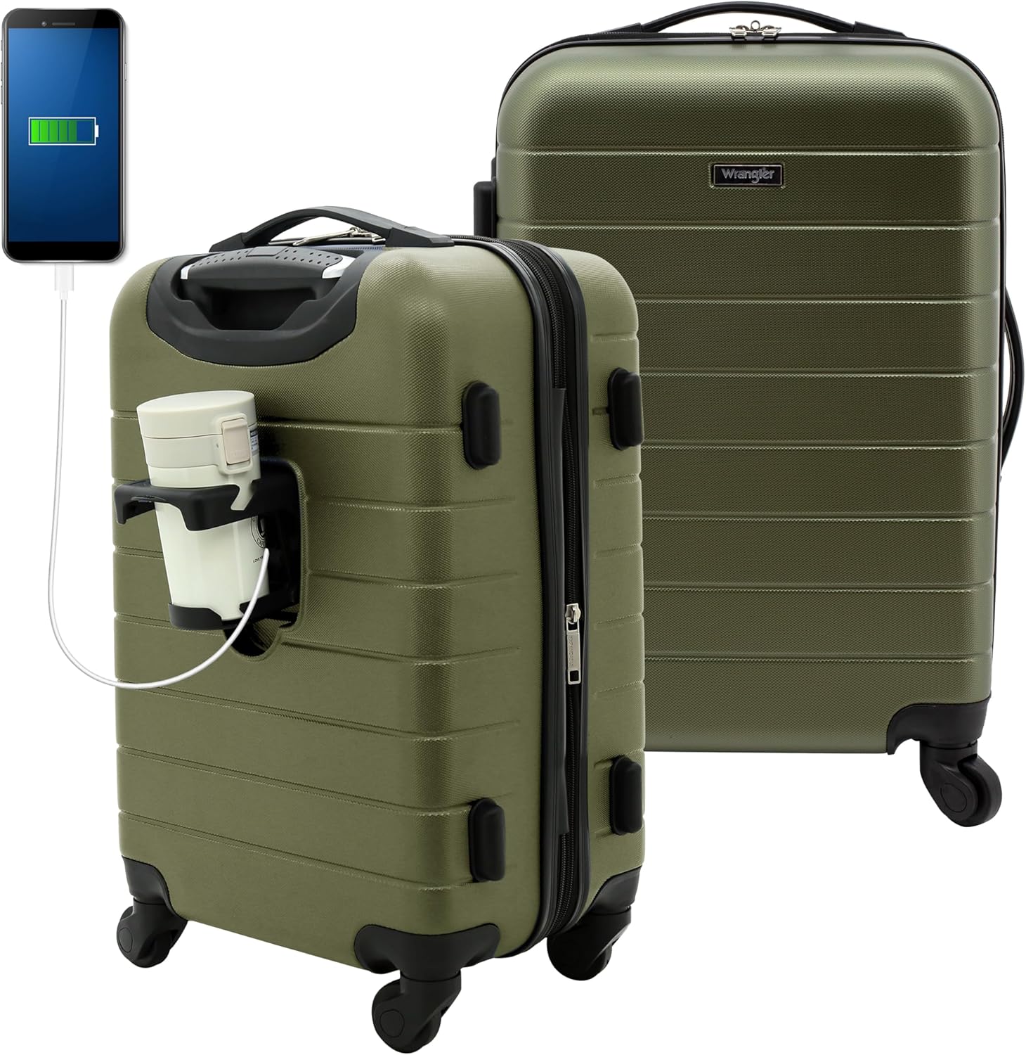 Smart Luggage Set with Cup Holder and USB Port, Olive Green, 20-Inch Carry-On