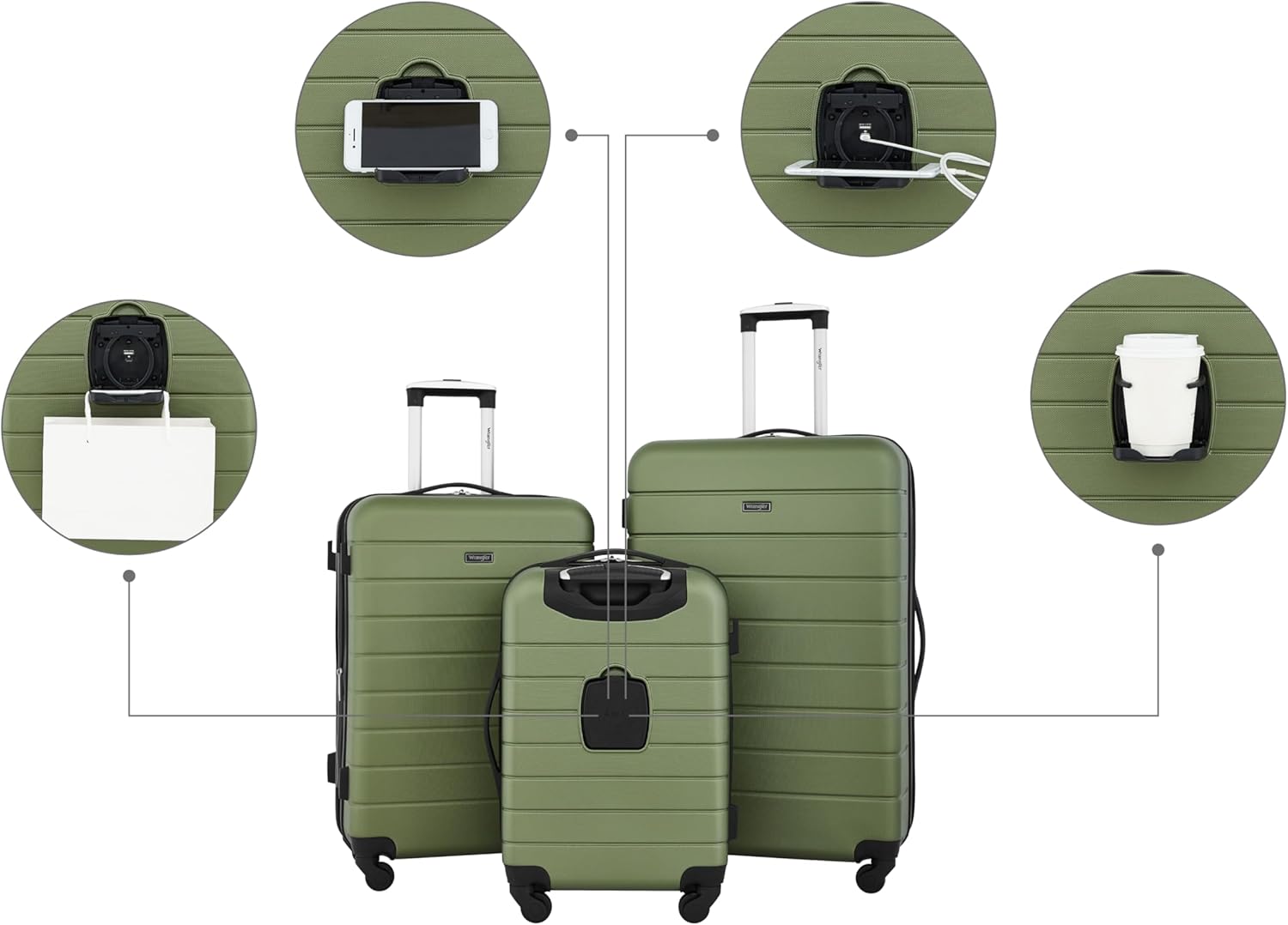 Smart Luggage Set with Cup Holder and USB Port, Olive Green, 20-Inch Carry-On - Image 2